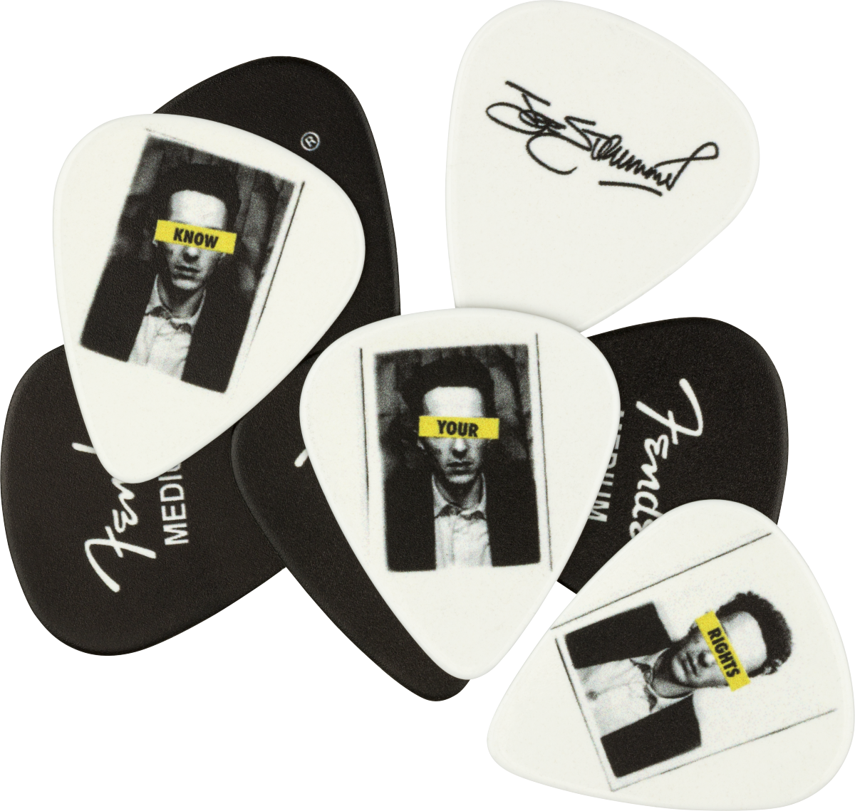 Fender Joe Strummer Medium Tim guitar pick, 8-pack, with black and white design, suitable for electric guitar playing