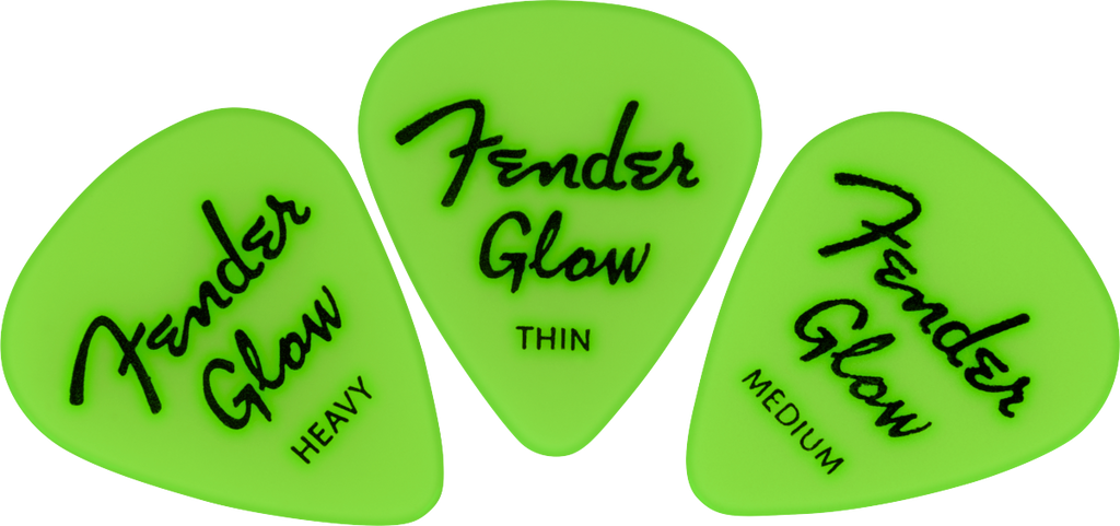 Fender Glow In The Dark 351 Guitar Picks 12 Pack, translucent picks with glowing effect, designed for electric and acoustic guitar players.