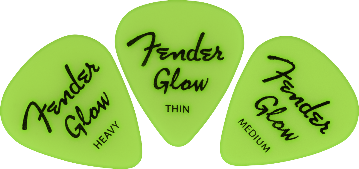 Fender Glow In The Dark 351 Guitar Picks 12 Pack, translucent picks with glowing effect, designed for electric and acoustic guitar players.
