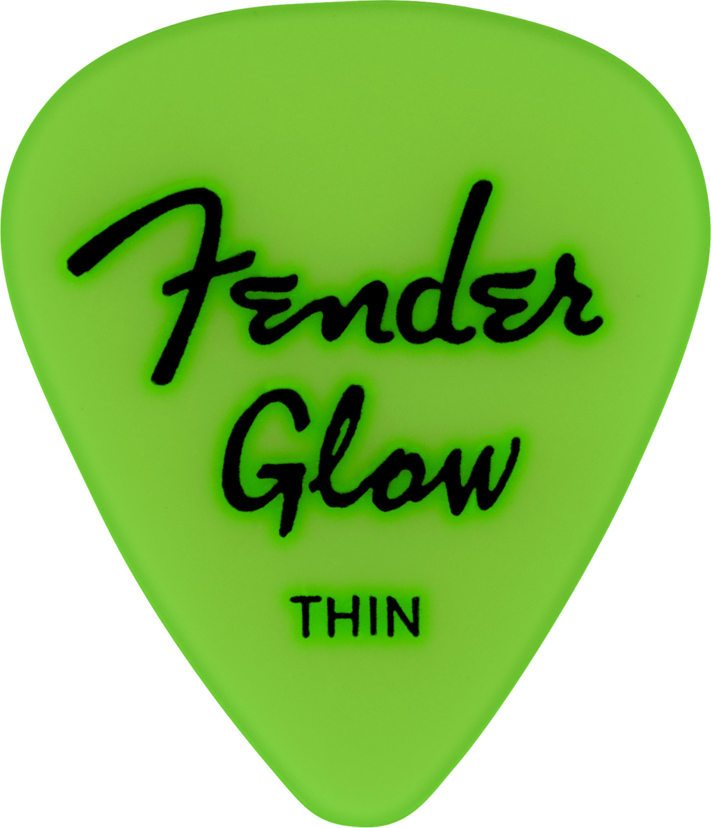 Set of 12 Fender glow-in-the-dark guitar picks, featuring translucent design and durable plastic for easy playing.