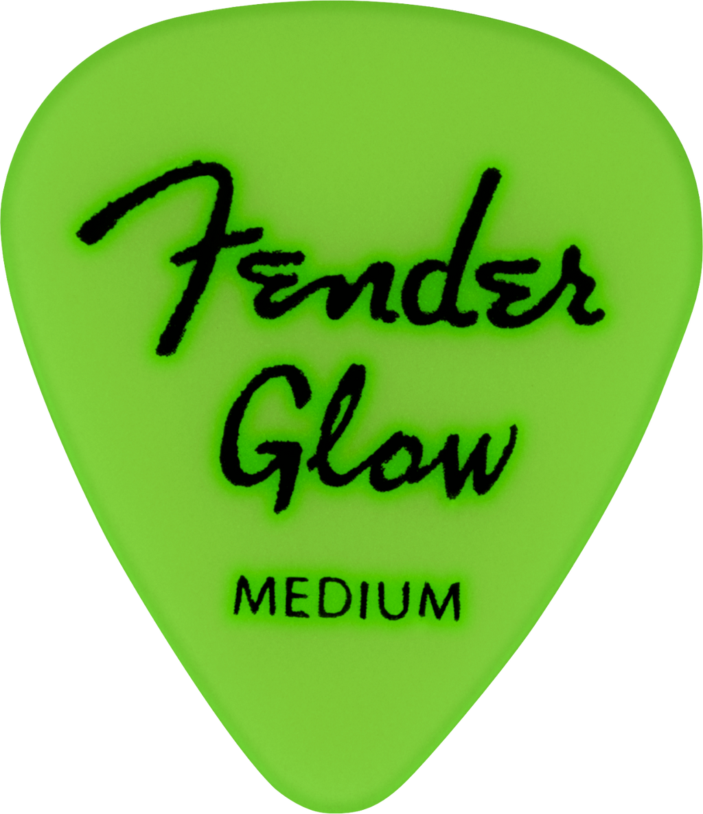 Fender glow-in-the-dark guitar picks 12-pack, translucent plastic picks with luminous design for easy playing in low light.