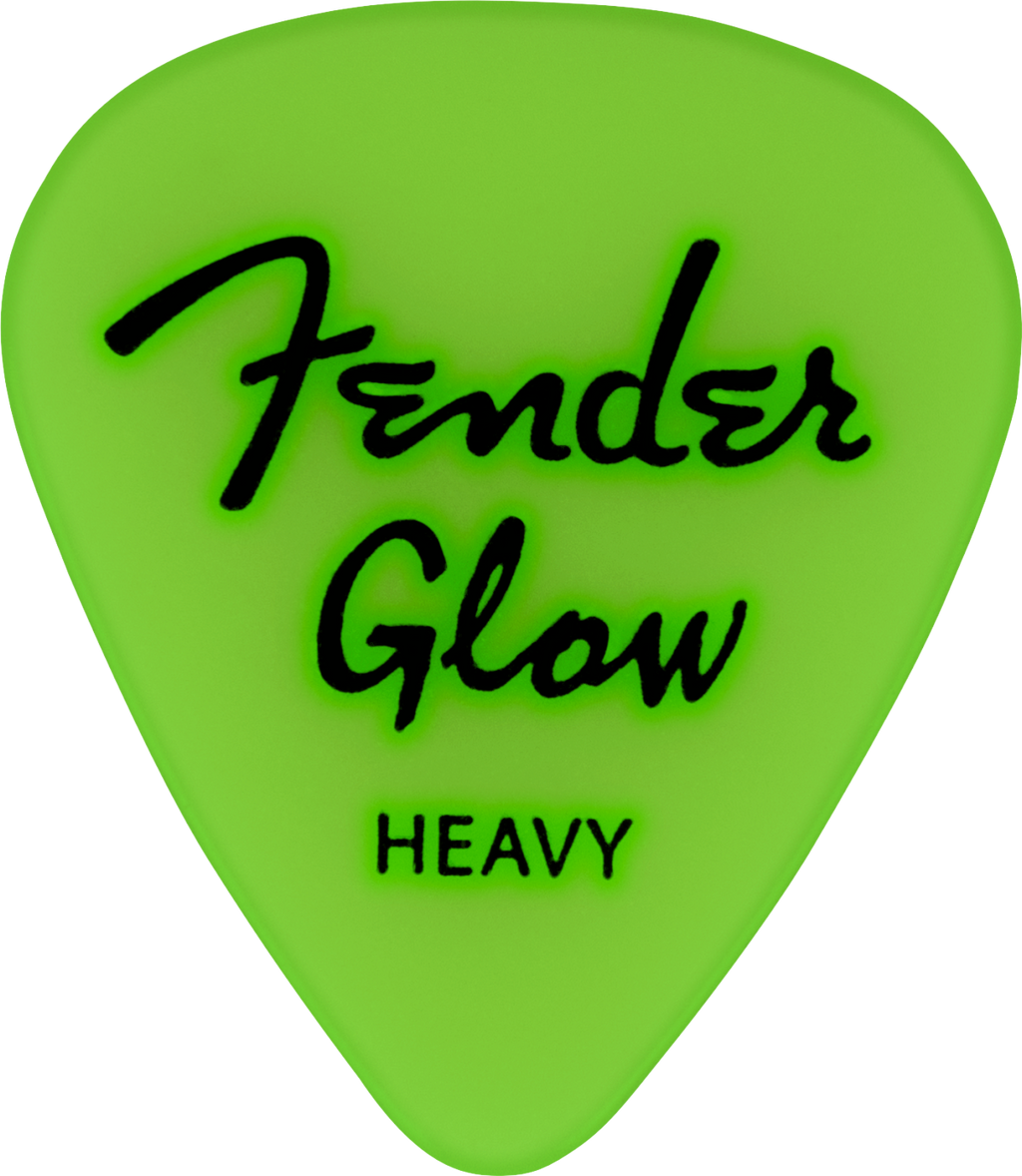 Fender glow-in-the-dark guitar picks, 12-pack, featuring transparent design and bright glow-in-the-dark effect for easy playing.