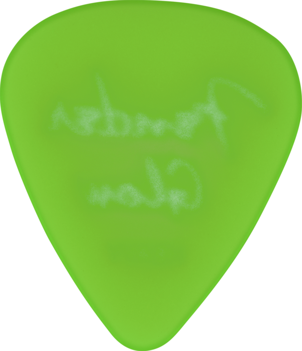 Fender glow-in-the-dark guitar picks, 12-pack, featuring translucent design for easy visibility during performances.