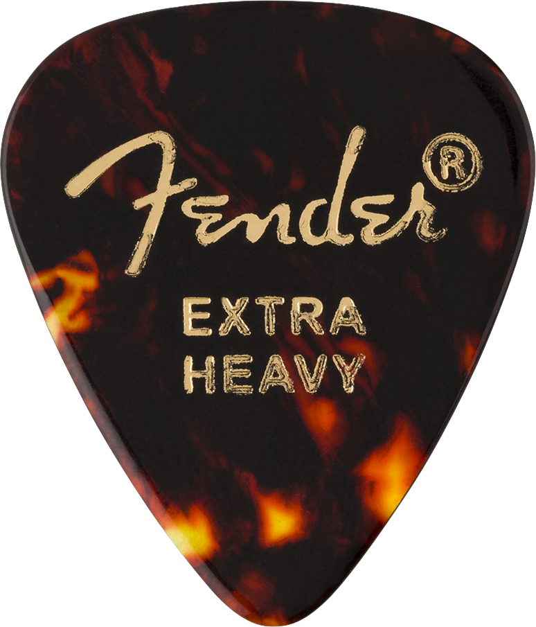 Set of 12 Fender Clas Celluloid Tort Shell guitar picks in 351 shape, extra heavy gauge, featuring classic tortoise shell design.