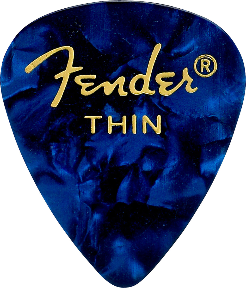 Set of 12 Fender Premium Celluloid 351 Shape Thin Blue Moto guitar picks, showcasing translucent blue picks with Fender branding.