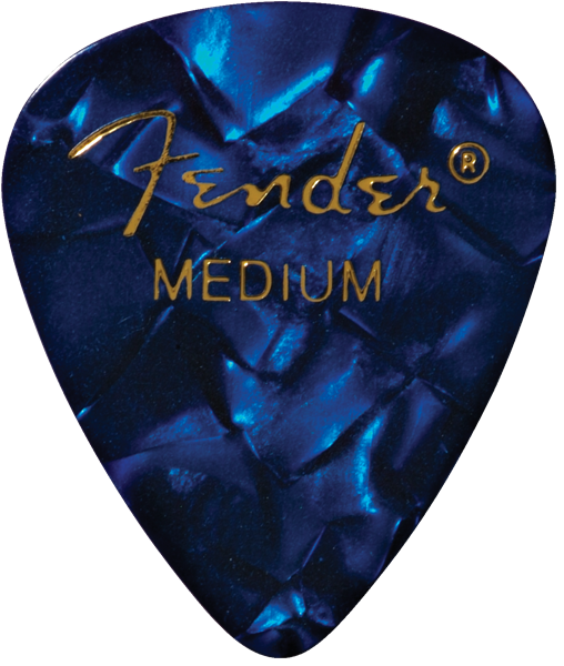Fender Premium Celluloid 351 shape guitar picks in medium blue Moto color, 12-pack, for electric and acoustic guitars.