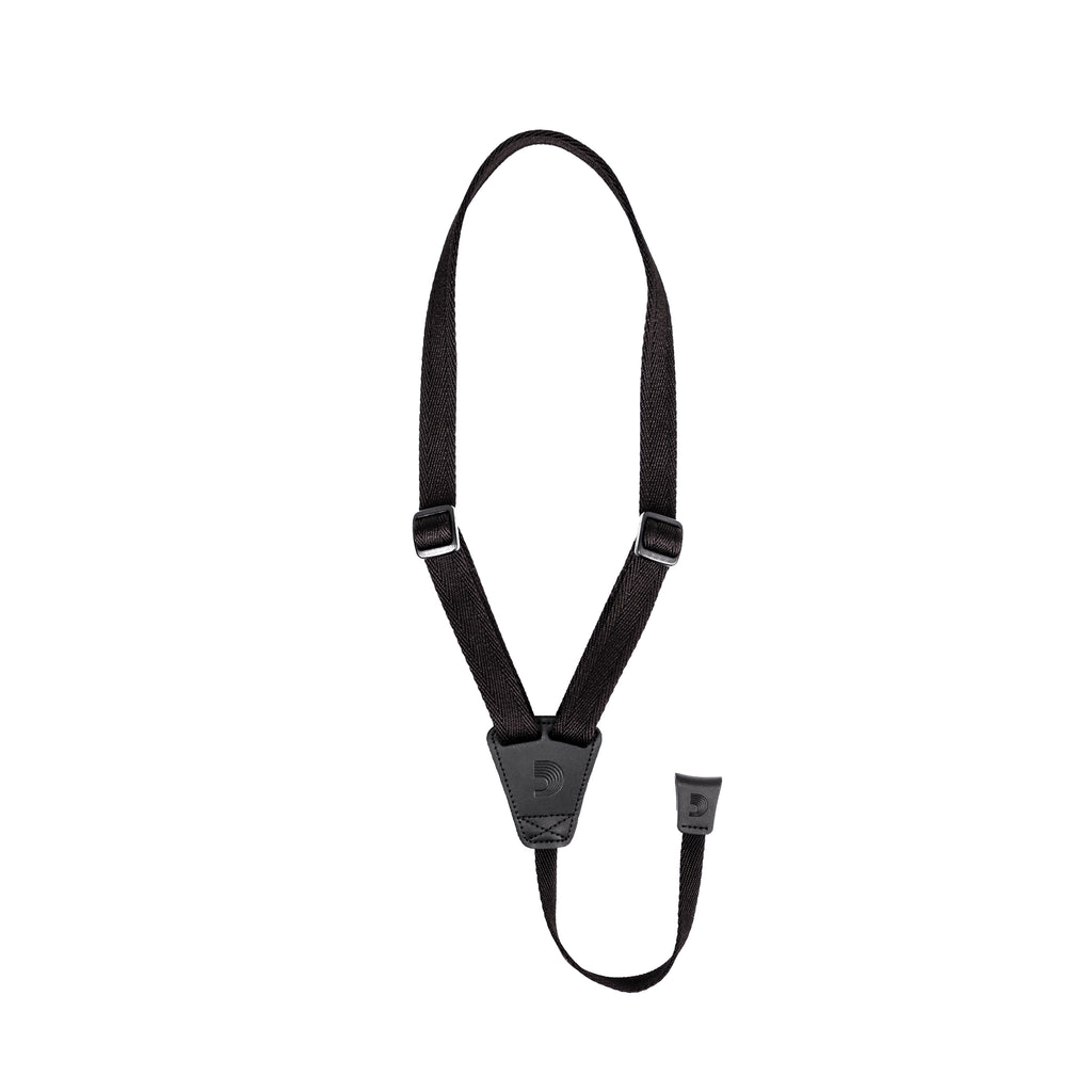 Black 19mm D'Addario ukulele strap with adjustable length, designed for comfortable playing and secure fit.