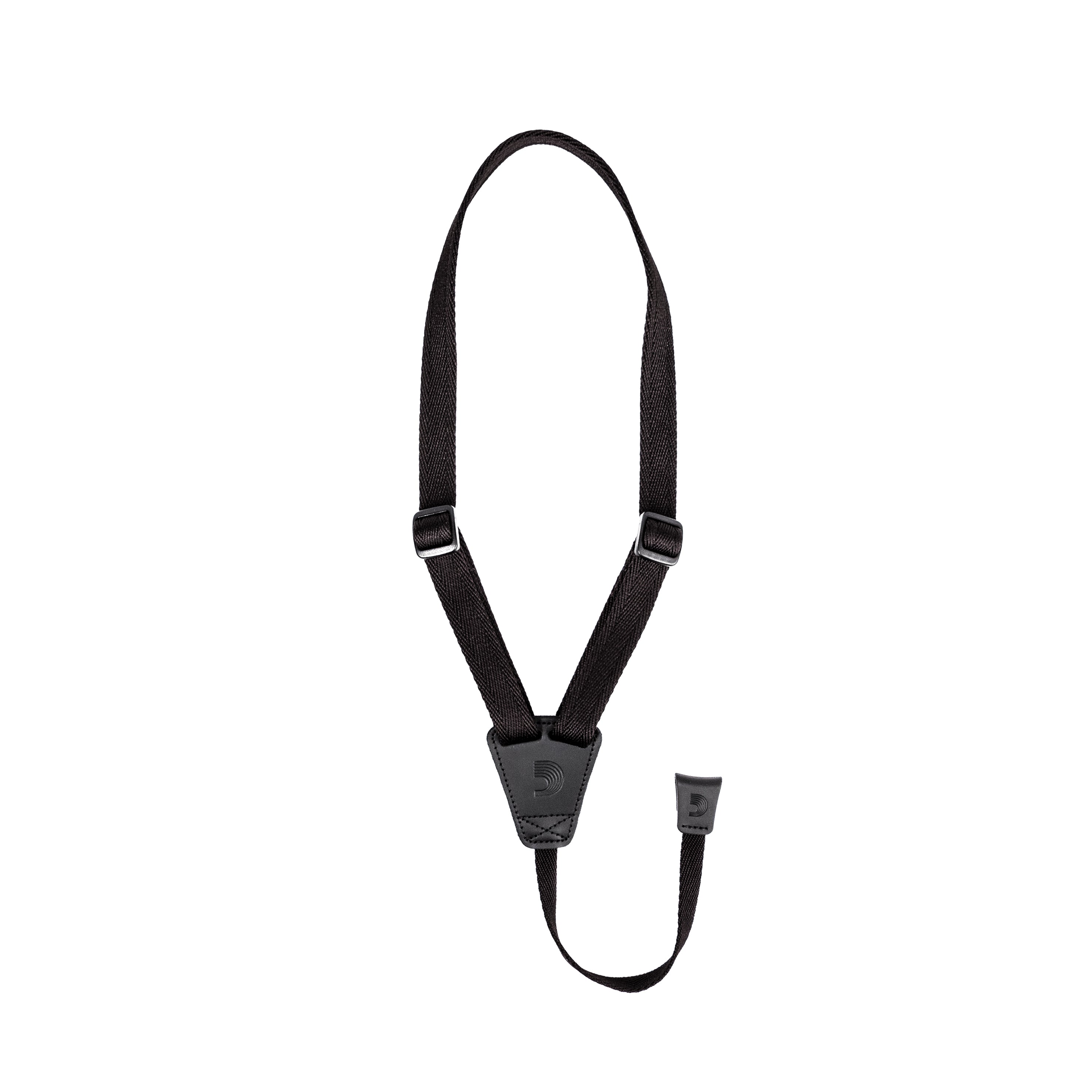 Black 19mm D'Addario ukulele strap with adjustable length, designed for comfortable playing and secure fit.