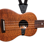 Black 19mm D'Addario ukulele strap with adjustable length, designed for comfortable support during playing.