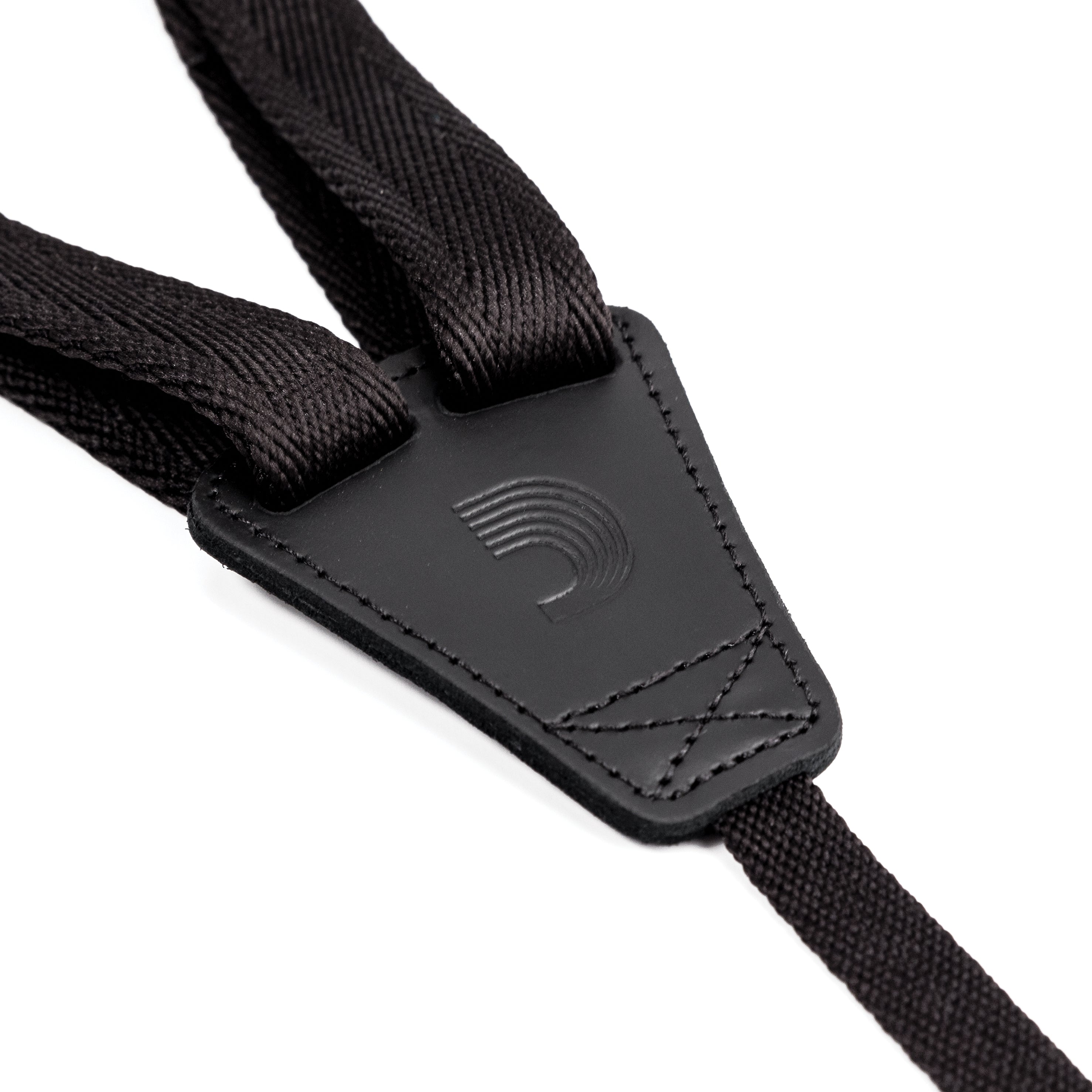 Black 19mm D'Addario ukulele strap with adjustable length, designed for comfortable playing and secure fit.