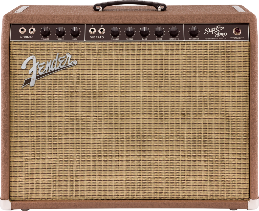 Fender '62 Super guitar amplifier in black, with control knobs and vintage design, 240V AU power supply for electric guitar sound.
