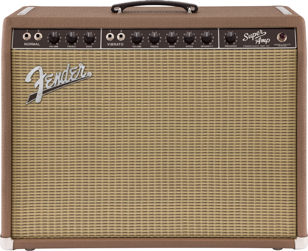 Fender '62 Super guitar amplifier in black, with control knobs and vintage design, 240V AU power supply for electric guitar sound.