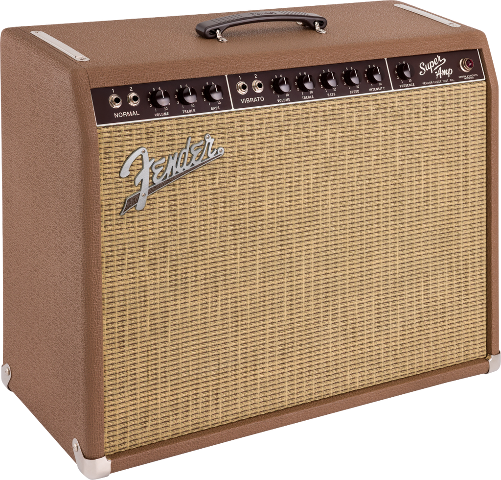 Fender '62 Super guitar amplifier in black, 240V AU, with control knobs and vintage design, used for electric guitar sound.