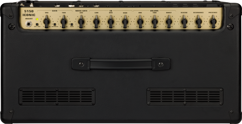 Black EVH 5150 Iconic Series 40W EL34 guitar combo amplifier with a 12-inch speaker and control panel, designed for high-gain tones.