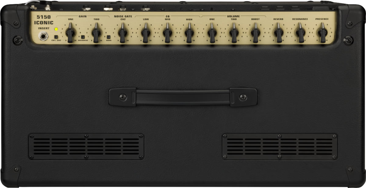 Black EVH 5150 Iconic Series 40W EL34 guitar combo amplifier with a 12-inch speaker and control panel, designed for high-gain tones.