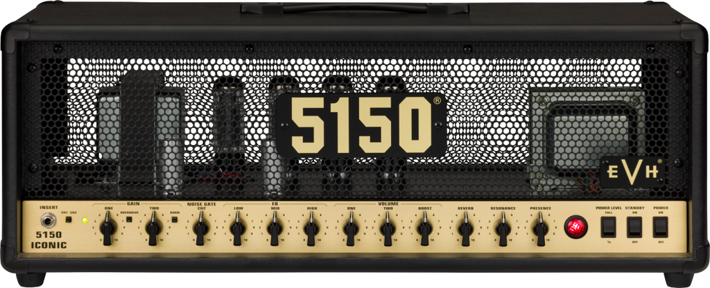 EVH 5150 Iconic Series 80W EL34 guitar amplifier head in black, showing control knobs and input jacks.