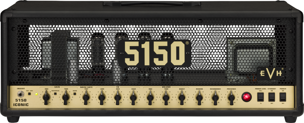 EVH 5150 Iconic Series 80W EL34 guitar amplifier head in black, showing control knobs and input jacks.