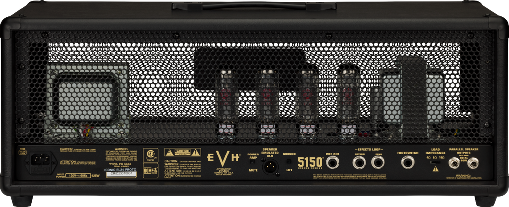 EVH 5150 Iconic Series 80W EL34 guitar amplifier head in black, featuring control knobs and input jacks.