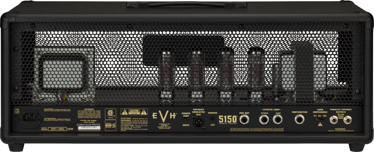 EVH 5150 Iconic Series 80W EL34 guitar amplifier head in black, featuring control knobs and input jacks.