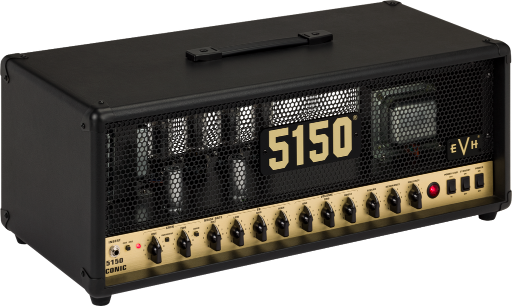 EVH 5150 Iconic Series 80W EL34 guitar amplifier head in black, featuring control knobs and input jacks for electric guitar.