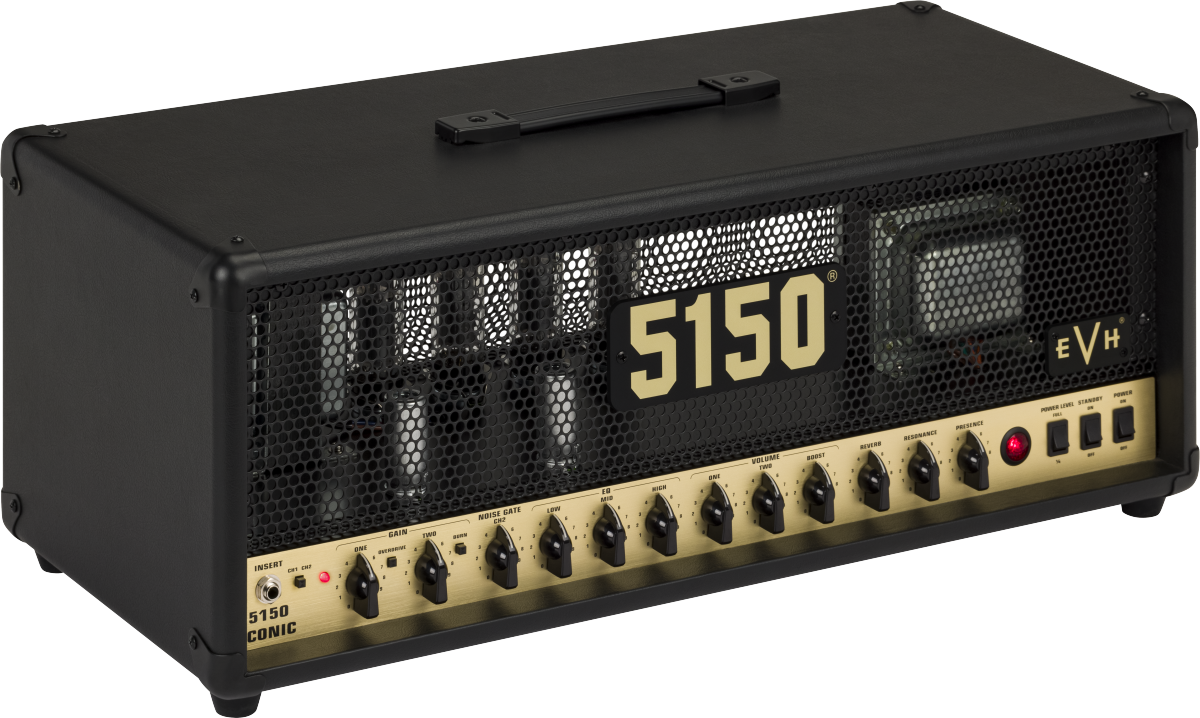 EVH 5150 Iconic Series 80W EL34 guitar amplifier head in black, featuring control knobs and input jacks for electric guitar.