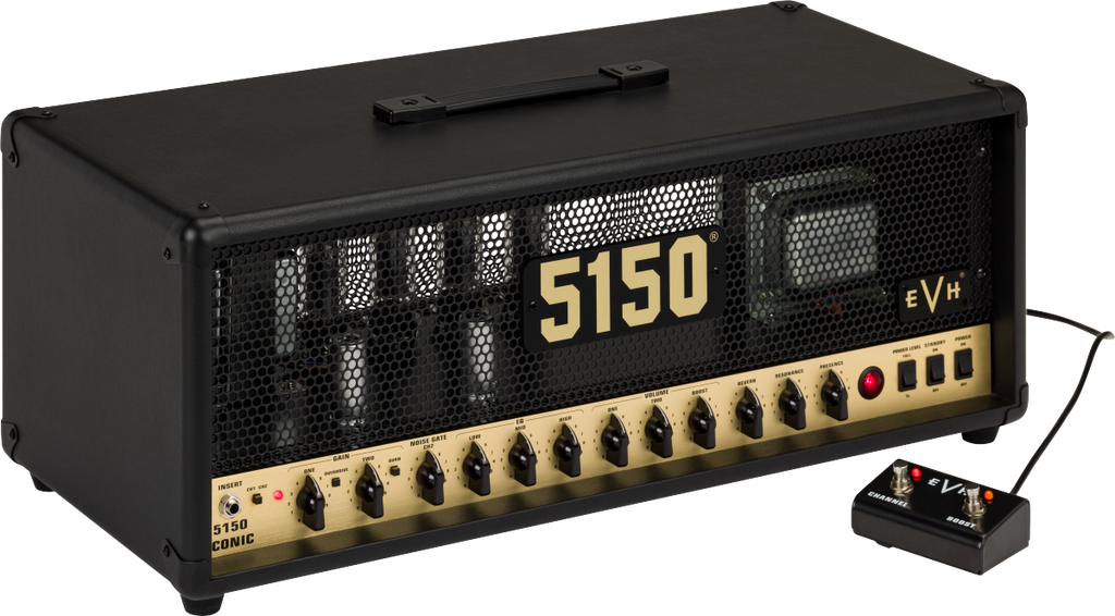 EVH 5150 Iconic Series 80W EL34 guitar amplifier head in black, showing control knobs and input jacks on the front panel.