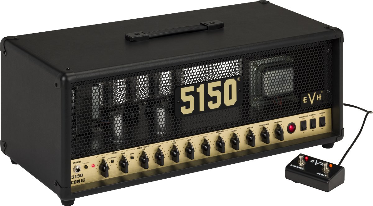 EVH 5150 Iconic Series 80W EL34 guitar amplifier head in black, showing control knobs and input jacks on the front panel.