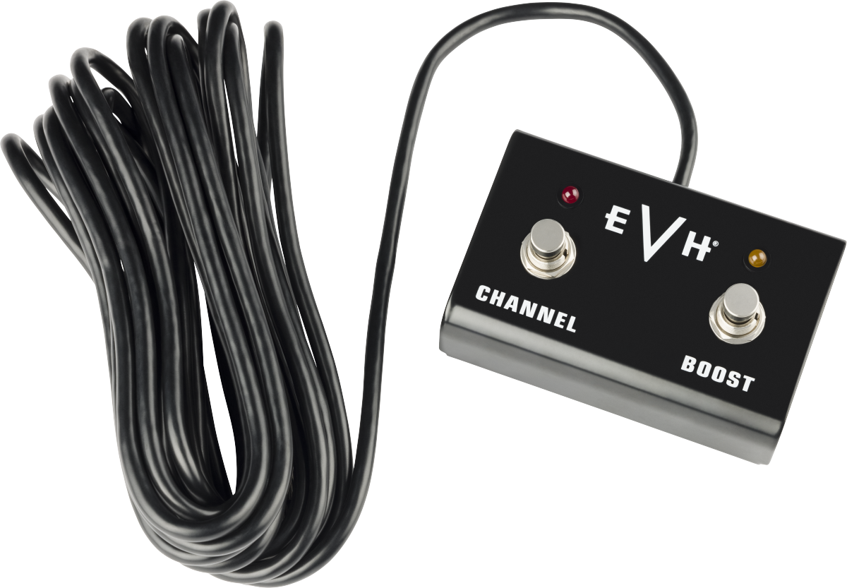 EVH 5150 Iconic Series 80W EL34 guitar amplifier head in black, showing control knobs and input jacks.