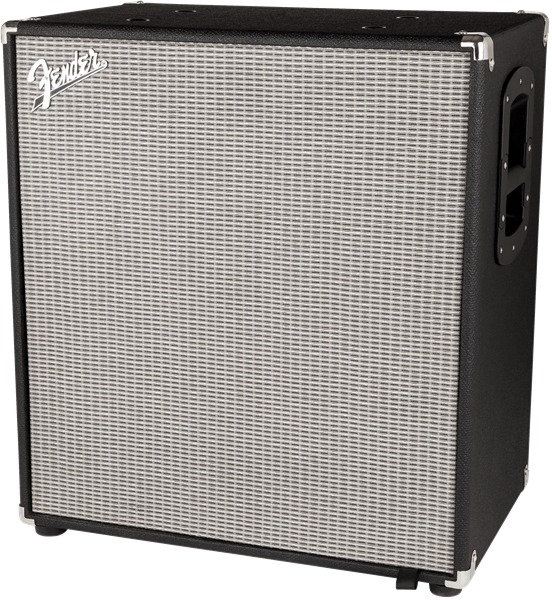 Fender Rumble 410 bass amplifier speaker cabinet with four large speakers and durable black casing for powerful sound.