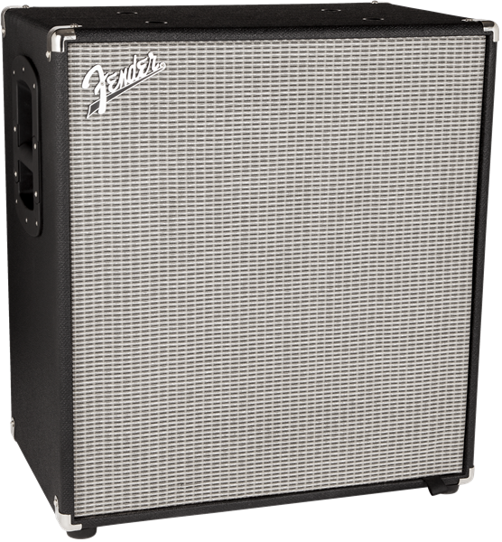 Fender Rumble 410 bass amplifier speaker cabinet with four speaker cones and sturdy black construction.
