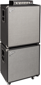 Fender Rumble 410 bass amplifier speaker cabinet with four large speakers and black textured exterior for powerful sound output.