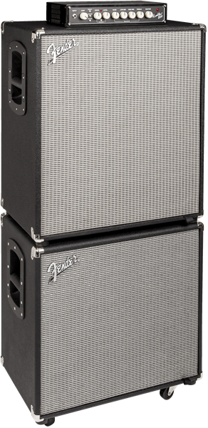 Fender Rumble 410 bass amplifier speaker cabinet with four large speakers and black textured exterior for powerful sound output.