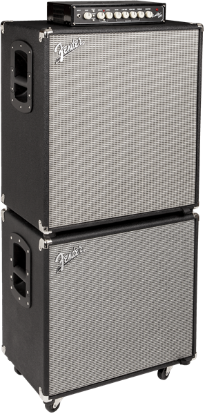 Fender Rumble 410 bass amplifier speaker cabinet with four speakers and rugged black exterior for professional bass sound.