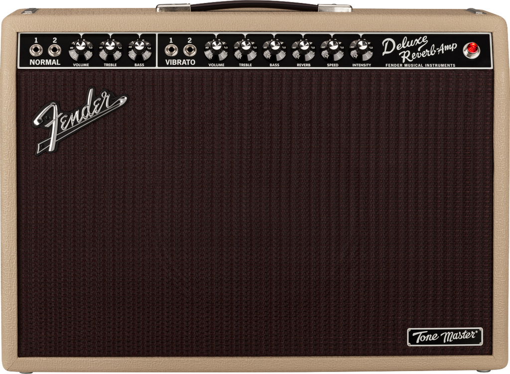 Fender Tone Master Deluxe Reverb guitar amplifier in blonde finish, with control knobs and vintage-style design.