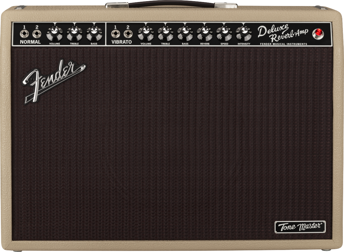 Fender Tone Master Deluxe Reverb guitar amplifier in blonde finish, with control knobs and vintage-style design.