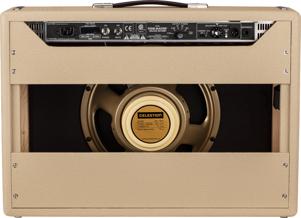 Fender Tone Master Deluxe Reverb guitar amplifier in blonde finish, showing the control panel and vintage-style speaker grille.