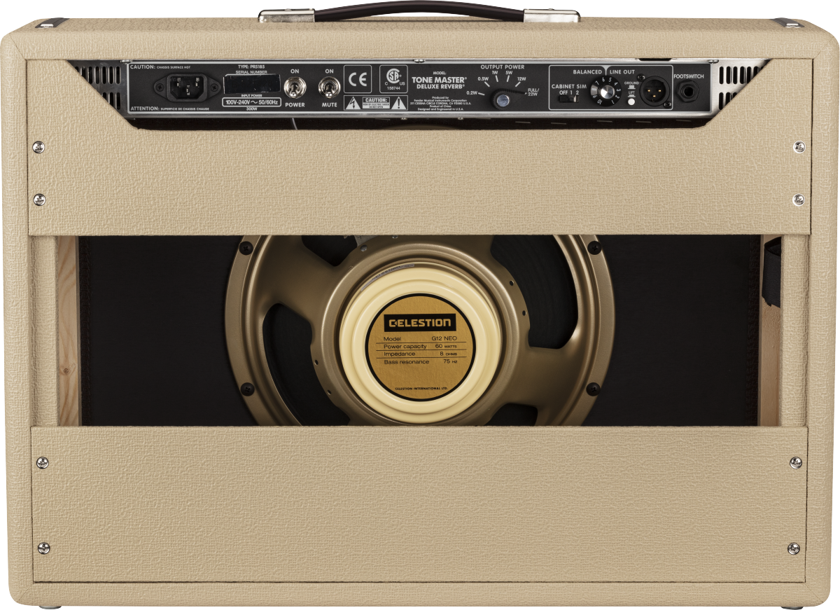 Fender Tone Master Deluxe Reverb guitar amplifier in blonde finish, showing the control panel and vintage-style speaker grille.