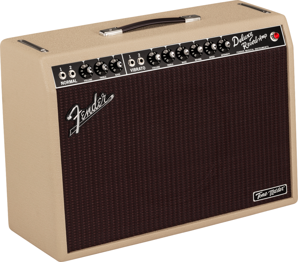 Fender Tone Master Deluxe Reverb blonde guitar amplifier with control panel and vintage style, designed for musical performance.