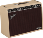 Fender Tone Master Deluxe Reverb blonde guitar amplifier with control panel and vintage style, designed for musical performance.