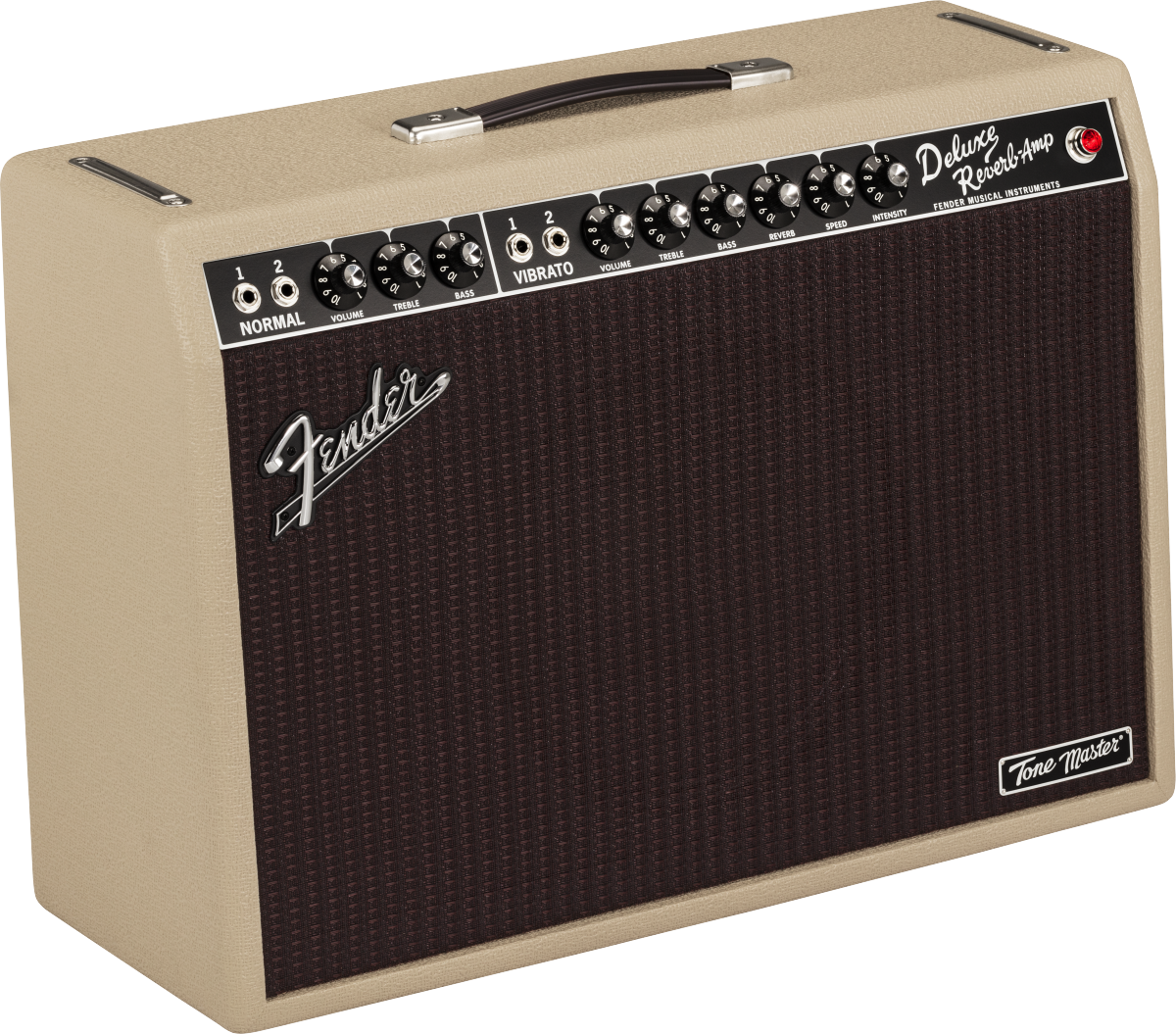Fender Tone Master Deluxe Reverb blonde guitar amplifier with control panel and vintage style, designed for musical performance.