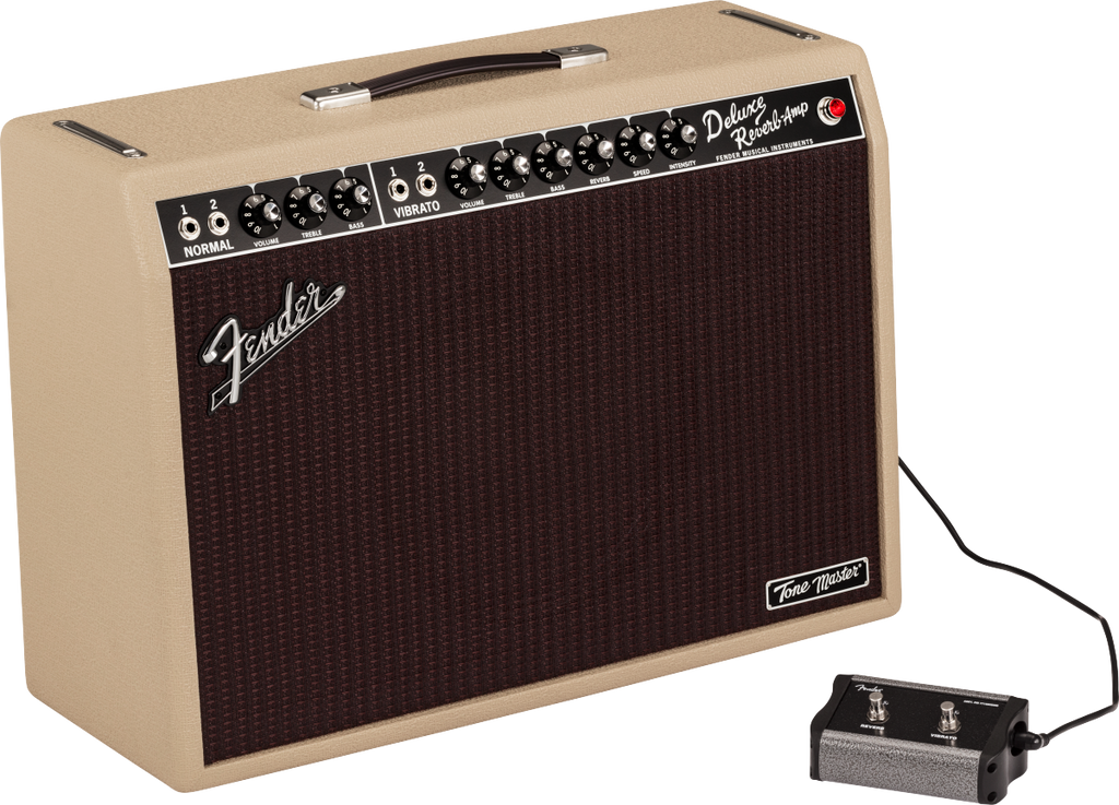 Fender Tone Master Deluxe Reverb blonde guitar amplifier with control knobs and vintage-style grille cloth.