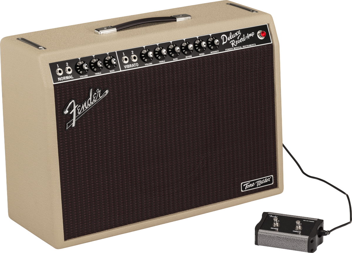 Fender Tone Master Deluxe Reverb blonde guitar amplifier with control knobs and vintage-style grille cloth.