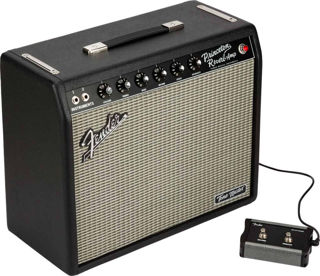 Fender Tone Master Princeton Reverb 50W guitar combo amplifier with 1x10-inch speaker, black textured covering, and control panel.