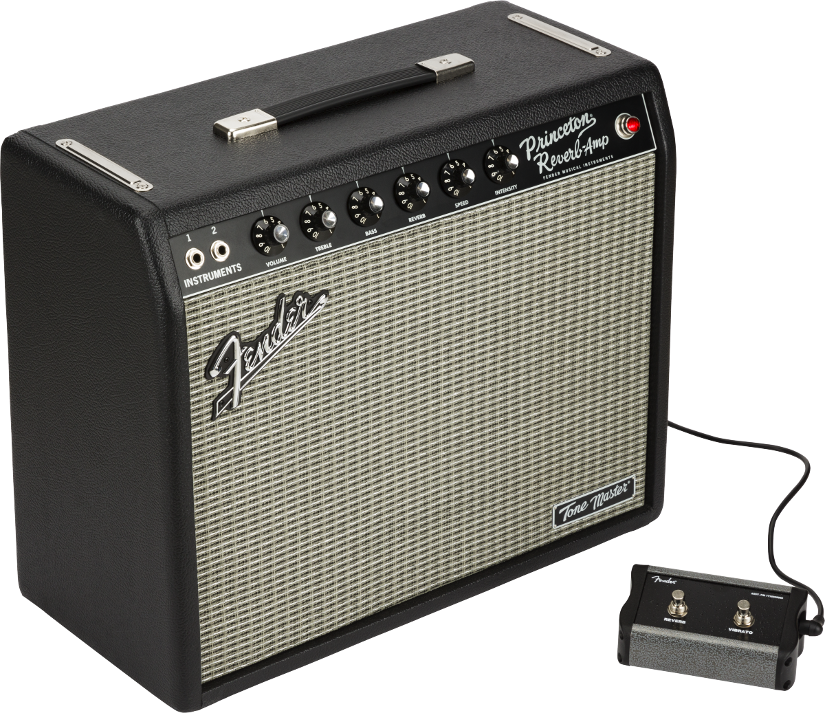 Fender Tone Master Princeton Reverb 50W guitar combo amplifier with 1x10-inch speaker, black textured covering, and control panel.