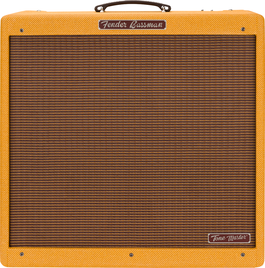 Fender Tone Master Bassman 200W electric guitar combo amplifier with four 10-inch speakers, black control panel and vintage style.
