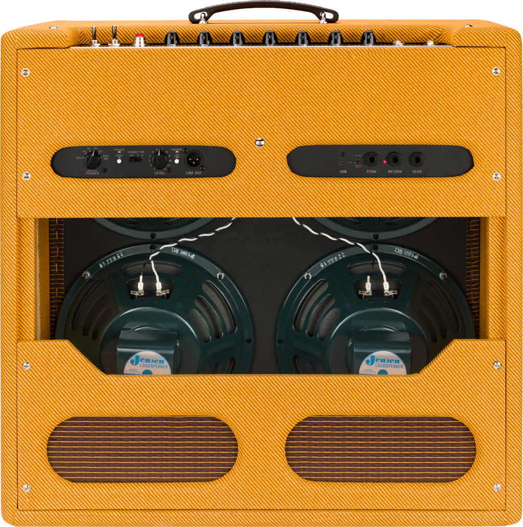 Fender Tone Master Bassman 200W electric guitar combo amplifier with four 10-inch speakers and sleek black finish.