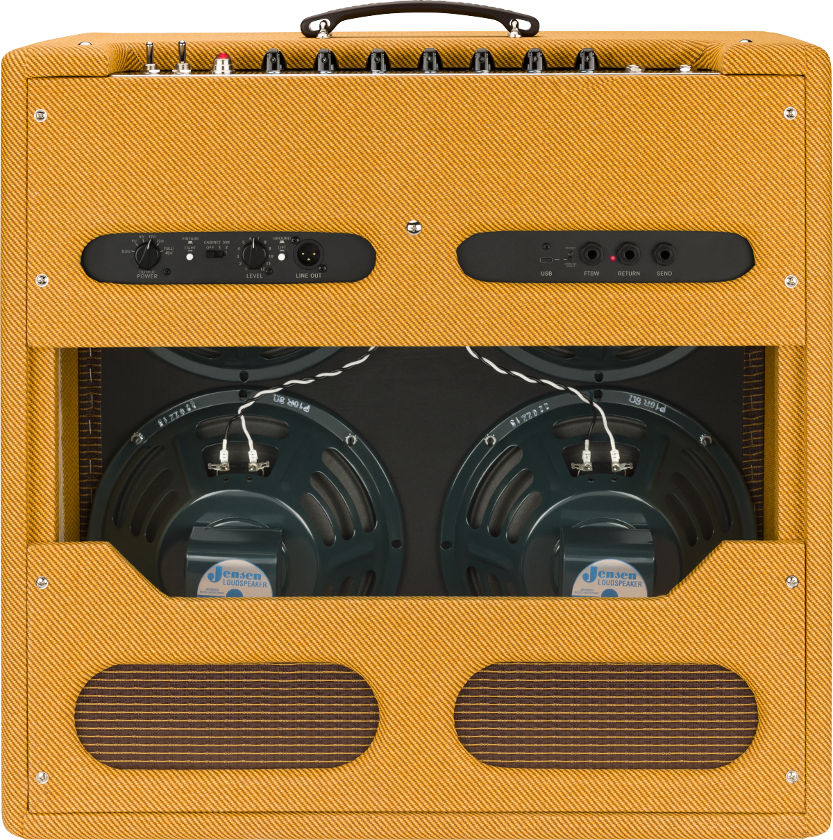 Fender Tone Master Bassman 200W electric guitar combo amplifier with four 10-inch speakers and sleek black finish.