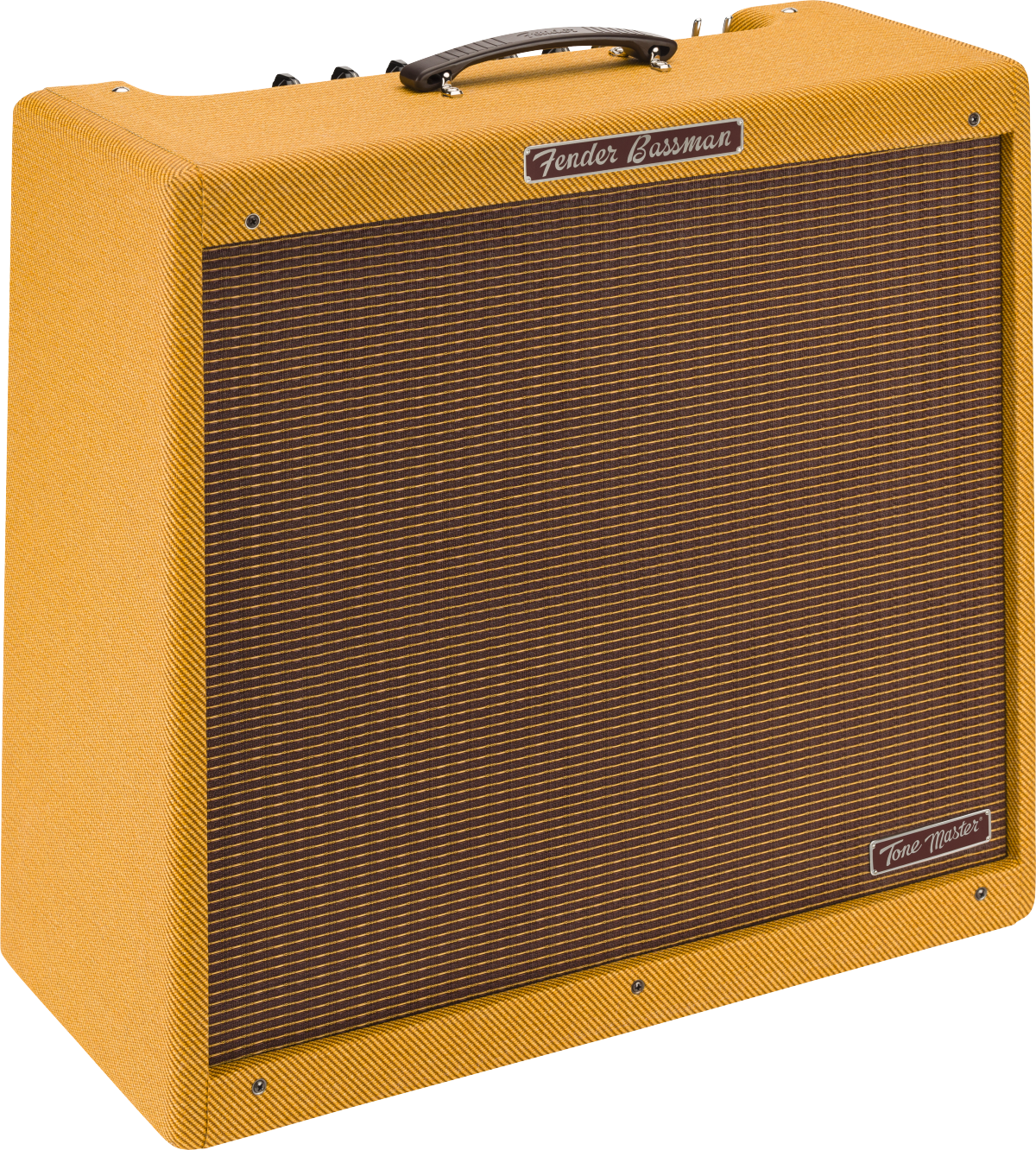 Fender Tone Master Bassman 200W electric guitar combo amplifier with four 10-inch speakers, black control panel, and vintage design