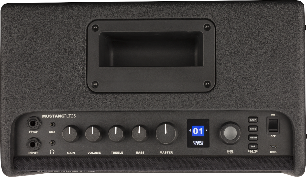 Fender Mustang LT25 25W guitar combo amplifier with 1x8" speaker and built-in effects, ideal for practice and performances.