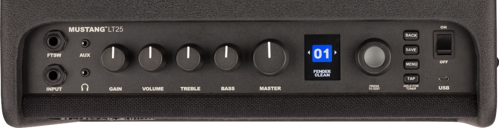 Fender Mustang LT25 25W guitar combo amplifier with 8-inch speaker and built-in effects, ideal for practice and beginners.